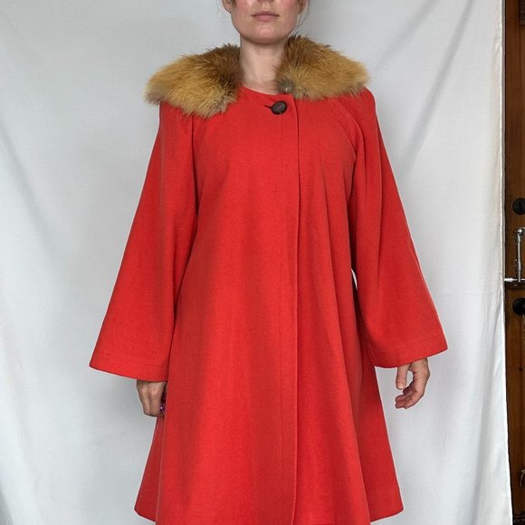 Vintage Red italian 60s swing wool coat with real fur collar S/M - Picture 4 of 9
